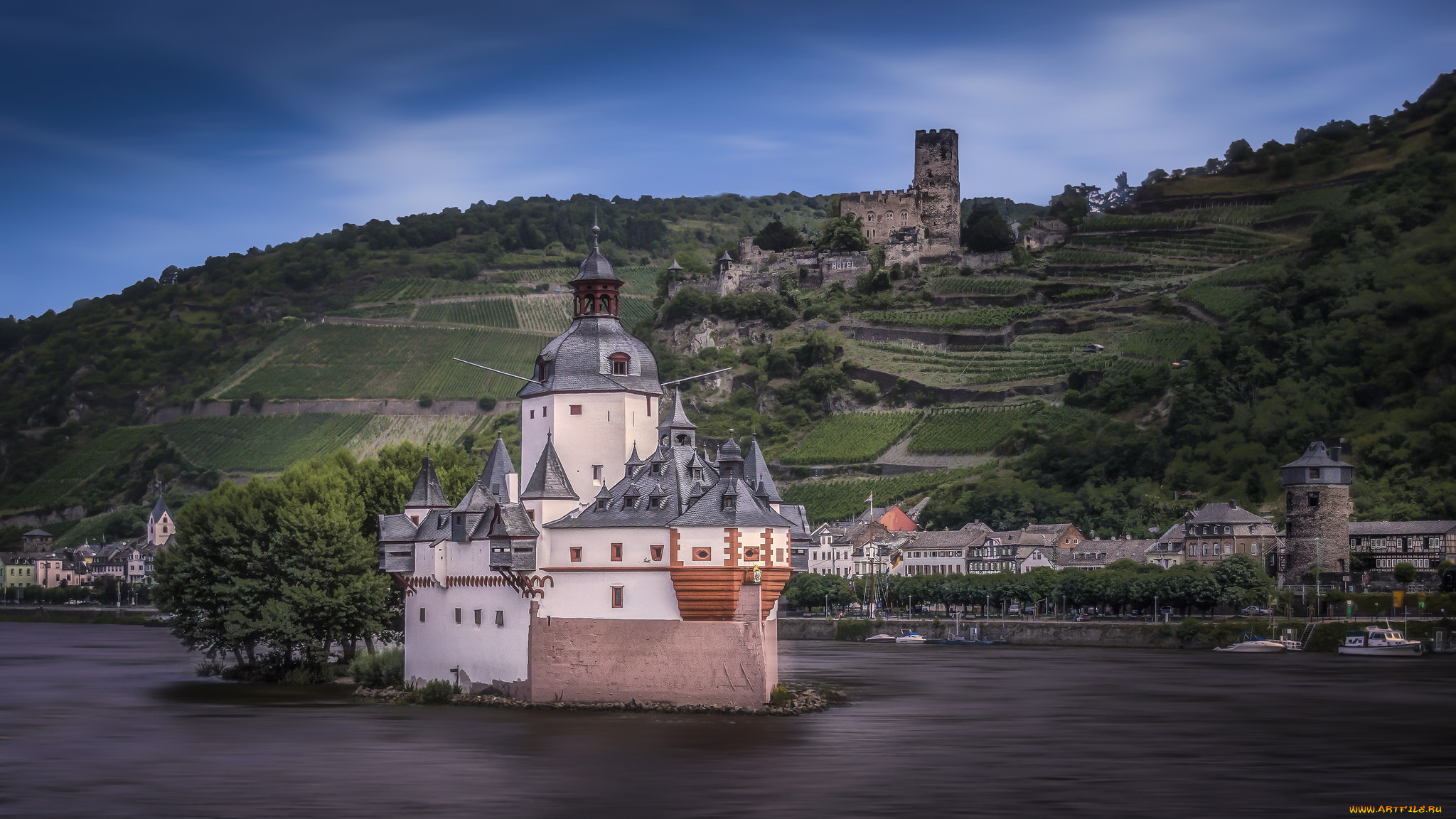 castle pfalzgrafenstein with castle gutenfels in the background at the town of kaub in germany, ,  , , , 